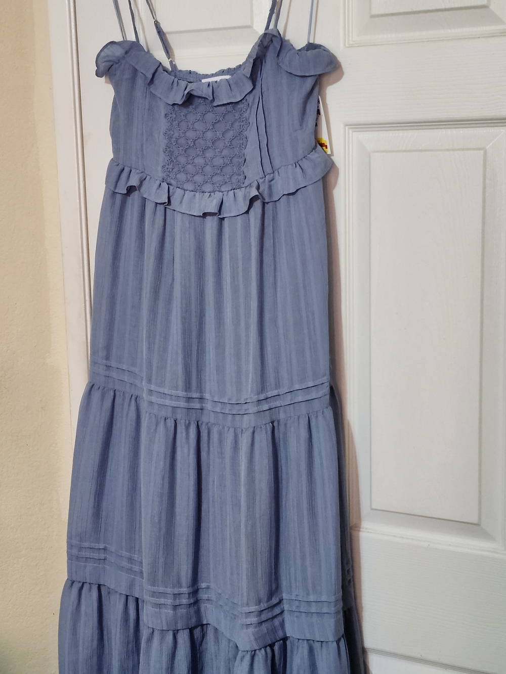 Sleeveless Light Blue Maxi Dress with Ruffle & Smocked Bodice